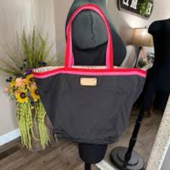 Kate Spade Black Nylon Tote Bag with Pink and Red Trim Fold Up Travel Tote Bag - Picture 1 of 13